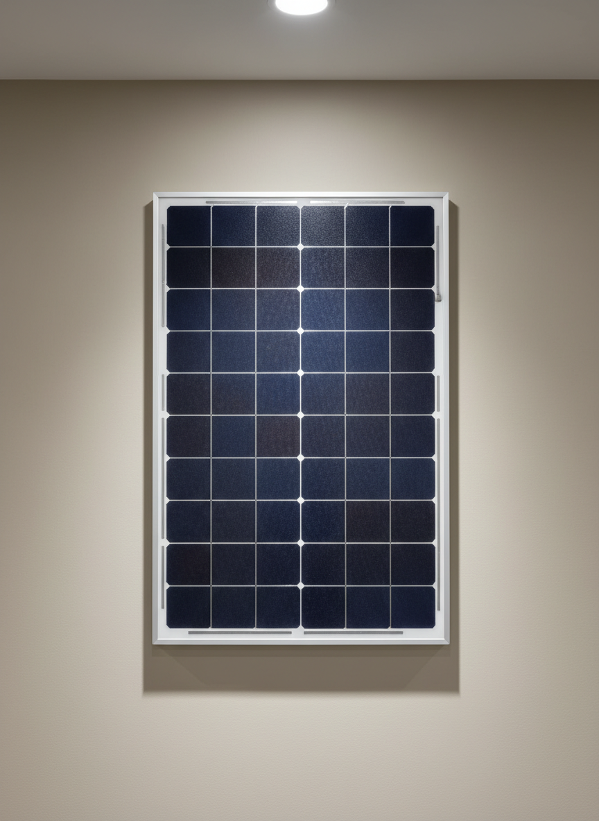 A close-up of a single, premium-quality photovoltaic panel with a textured anti-reflective surface, mounted securely within a robust silver frame. The panel is positioned against a clean, neutral-toned wall, representing an interior demonstration space. Gentle, cool-white studio lighting streams from overhead, creating subtle highlights that outline the panel’s precise manufacturing details and smooth finish while casting soft, refined shadows beneath the frame. The atmosphere is crisp, focused, and highly professional. Shot from an eye-level, centered perspective, the composition is meticulously balanced, evoking a sense of technical excellence and innovation. The photographic realism conveys reliability and expert craftsmanship suited for a business website.