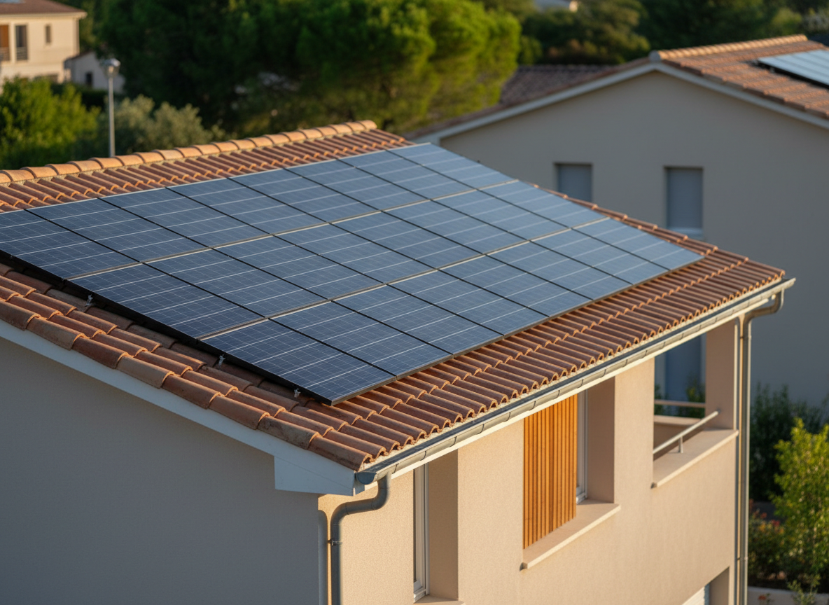 An immaculate row of photovoltaic panels with lustrous blue-black surfaces, precisely mounted on a contemporary tile roof of a residential house typical of southern France. Soft, golden late-afternoon sunlight gently highlights the sleek contours of the panels, casting long, defined shadows across the pale terracotta roof. The background is a minimalist blur of trees and neutral-toned facades, echoing the PACA region's refined architecture. The composition uses the rule of thirds for visual harmony, viewed from a slightly upward angle that emphasizes the integration of modern technology into everyday living spaces. The mood is calm and trustworthy, with a clean, structured photographic style perfect for a corporate aesthetic.