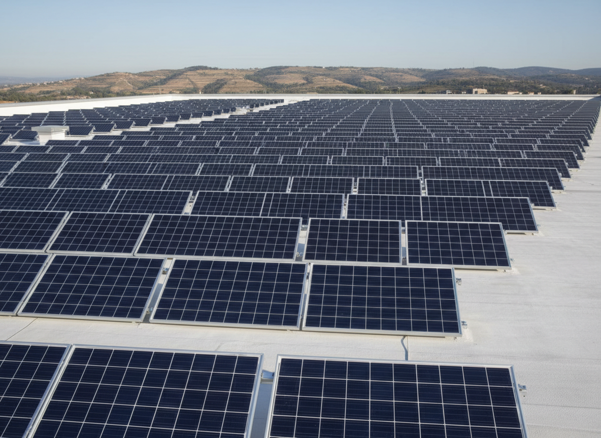A large array of high-efficiency photovoltaic solar panels with sleek, deep blue glass surfaces and sturdy silver aluminum frames installed symmetrically on a modern commercial flat rooftop. The panels are spotless, reflecting subtle streaks of daylight from a cloudless sky. In the background, you see a clean, minimalist horizon with hints of the PACA region's rolling hills. Soft, diffused mid-morning sunlight enhances the clean lines and geometric patterns of the installation, casting crisp yet gentle shadows on the seamless white roof surface. The atmosphere exudes professionalism and technological progress. Photographed at a slightly elevated wide angle for comprehensive perspective, with balanced, structured composition and sharp focus throughout, embodying a corporate, photographic realism that aligns with a professional business image.
